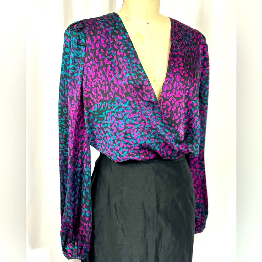 EXPRESS Silky Jewel-Tone Animal Print Wrap Bodysuit Blouse Small